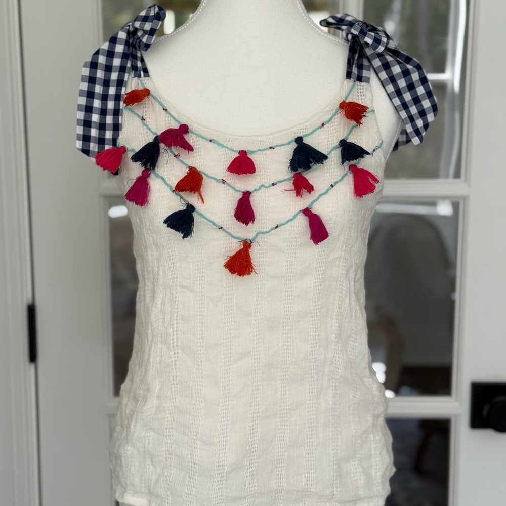 White Sleeveless Top with Multicolor Tassels